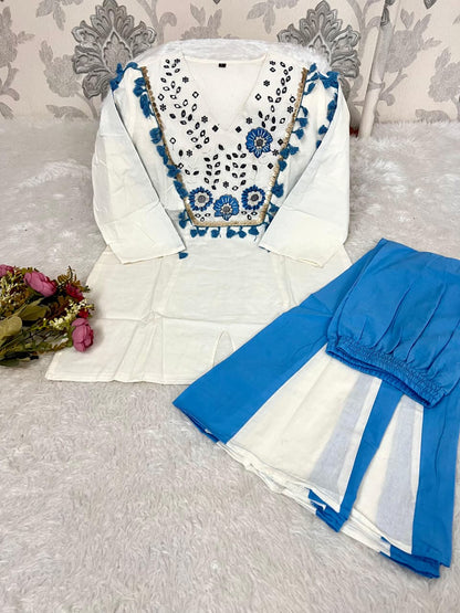 Cotton Natural Flax Mirror Work Cord-Set for Women – Embroidered Designer Top with Palazzo Pant (Cream Brown & Cream Blue)