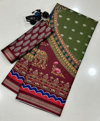 Premium Tussar Silk Printed Saree with Designer Blouse