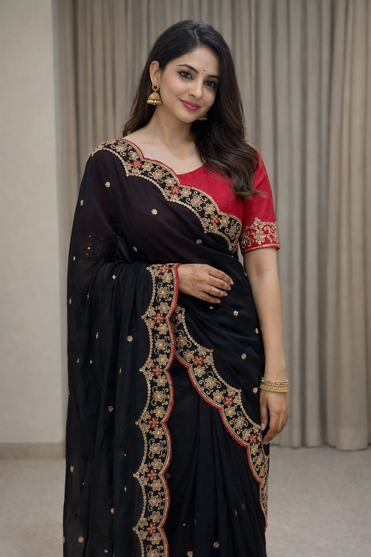 Soft Rangoli Silk Saree with Zari Embroidery Work & Contrast Blouse