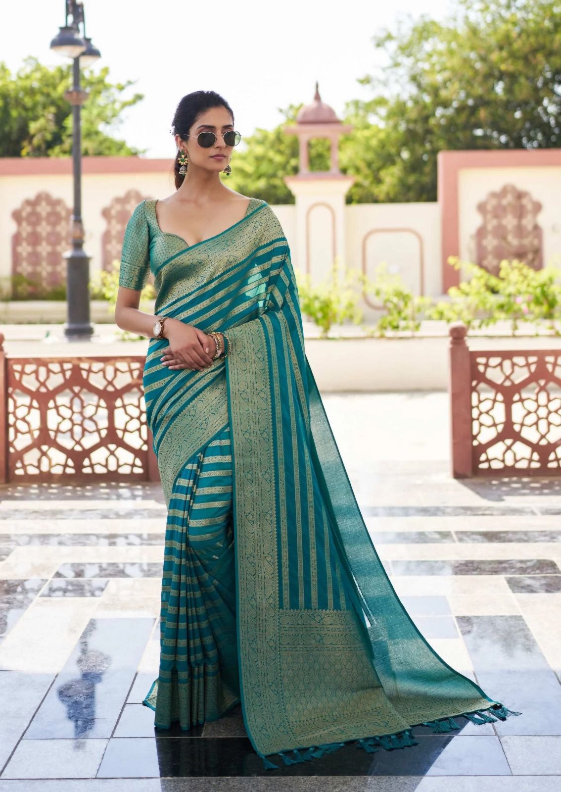 Teal Green Striped Zari Work Saree