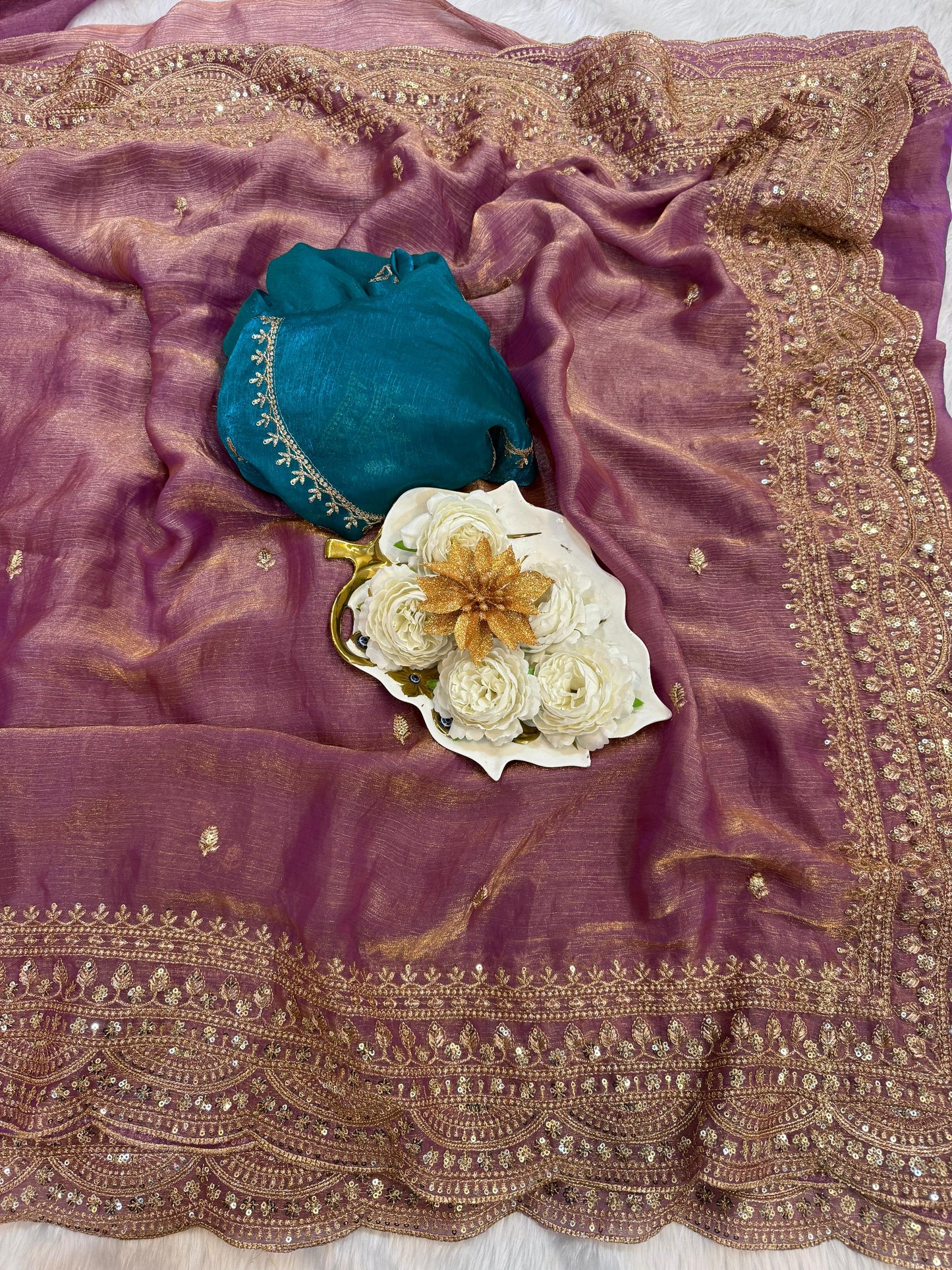 Elegant Space Chiffon Embroidery Saree with Scallop Border