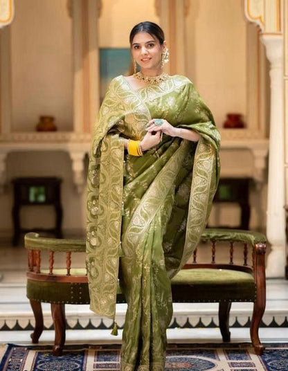 Olive Green Floral Woven Saree