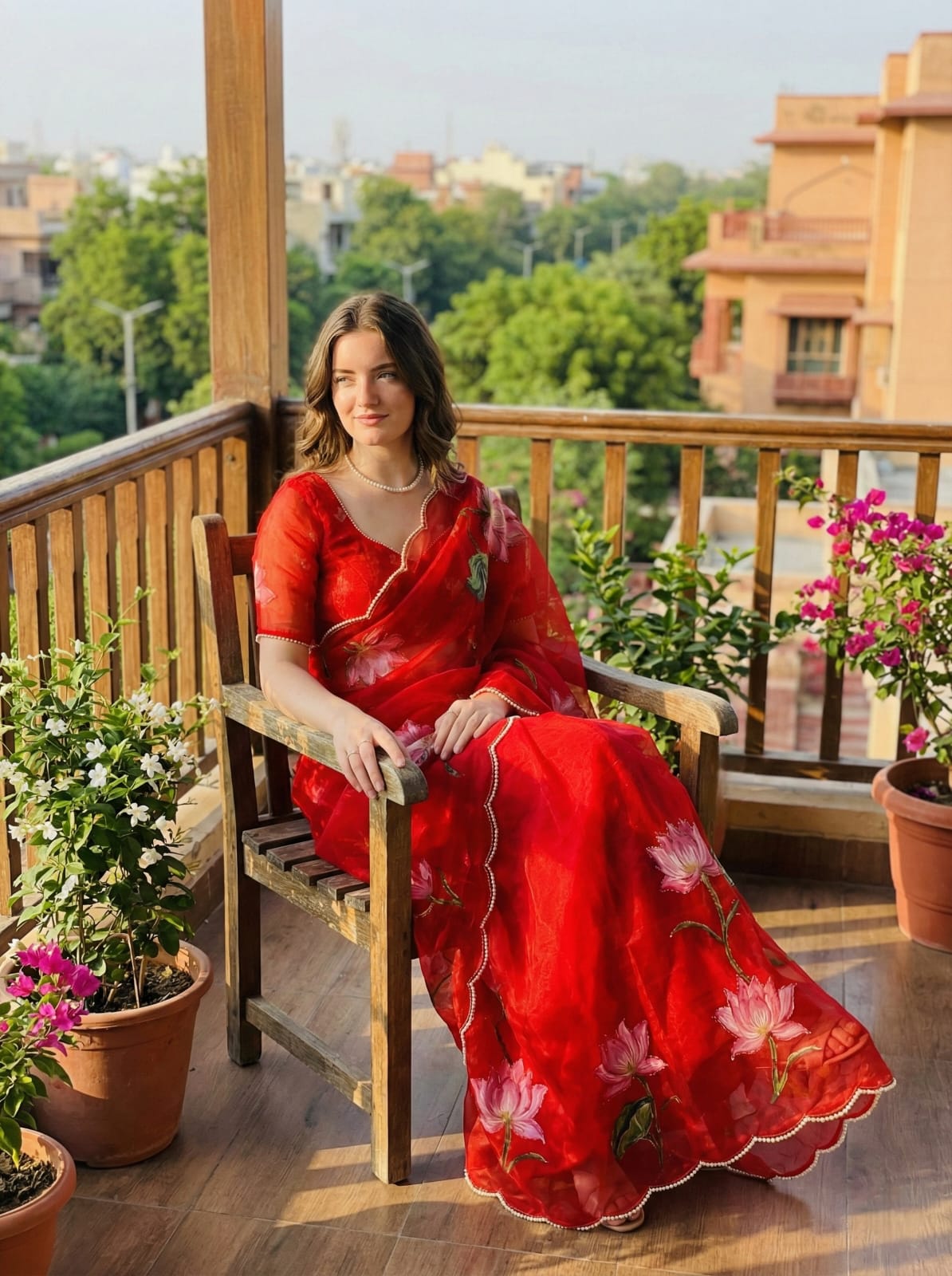 Pure Soft Teby Silk Saree with Digital Floral Print & Moti Cutdana Work Border