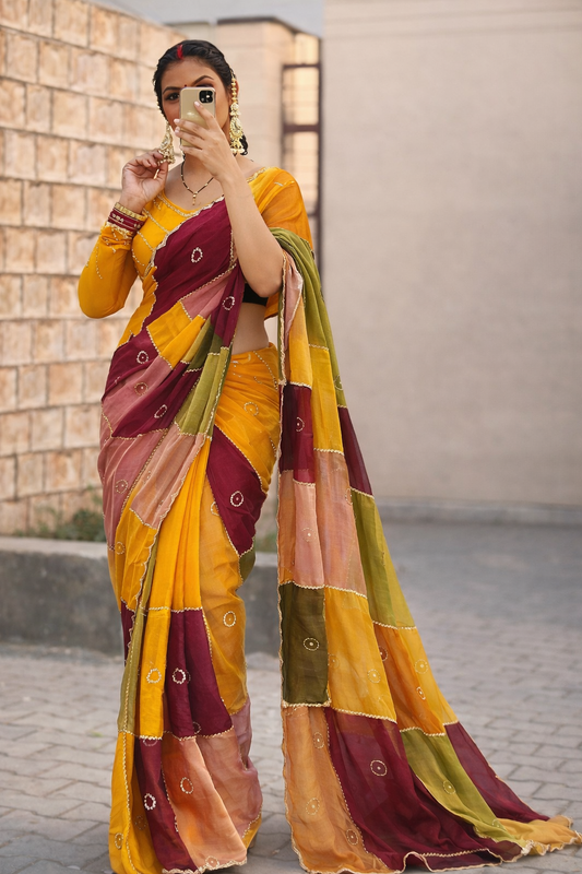 Multi Color Space Silk Handwork Saree