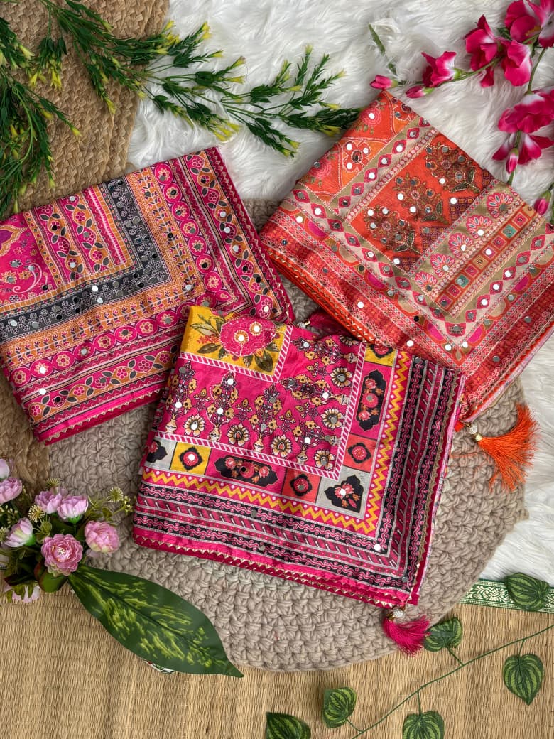 Karigari Soft Chinon Silk Digital Print Saree with Hand Aari Work & 2000+ Real Mirror Work