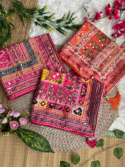 Karigari Soft Chinon Silk Digital Print Saree with Hand Aari Work & 2000+ Real Mirror Work