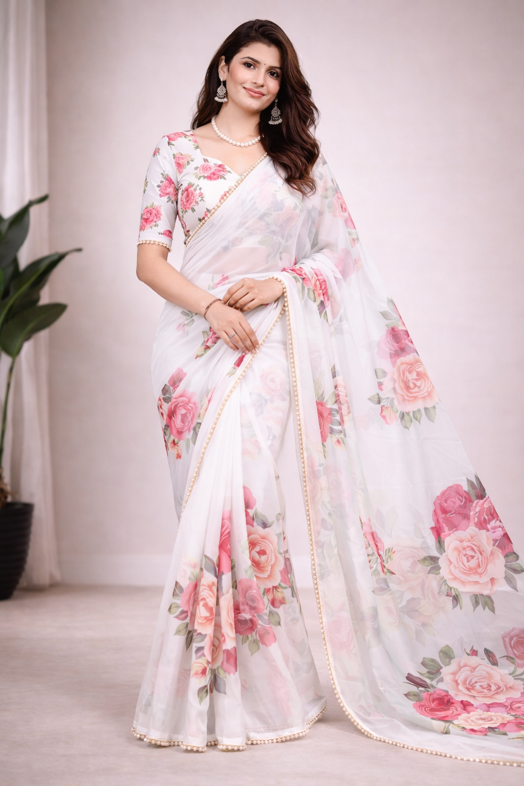 Floral Digital Print Georgette Saree With Pearl Lace Border