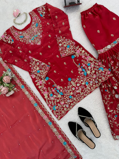 5000 Series Premium JMC Silk Anarkali Sharara Set with Heavy Embroidery & Dupatta