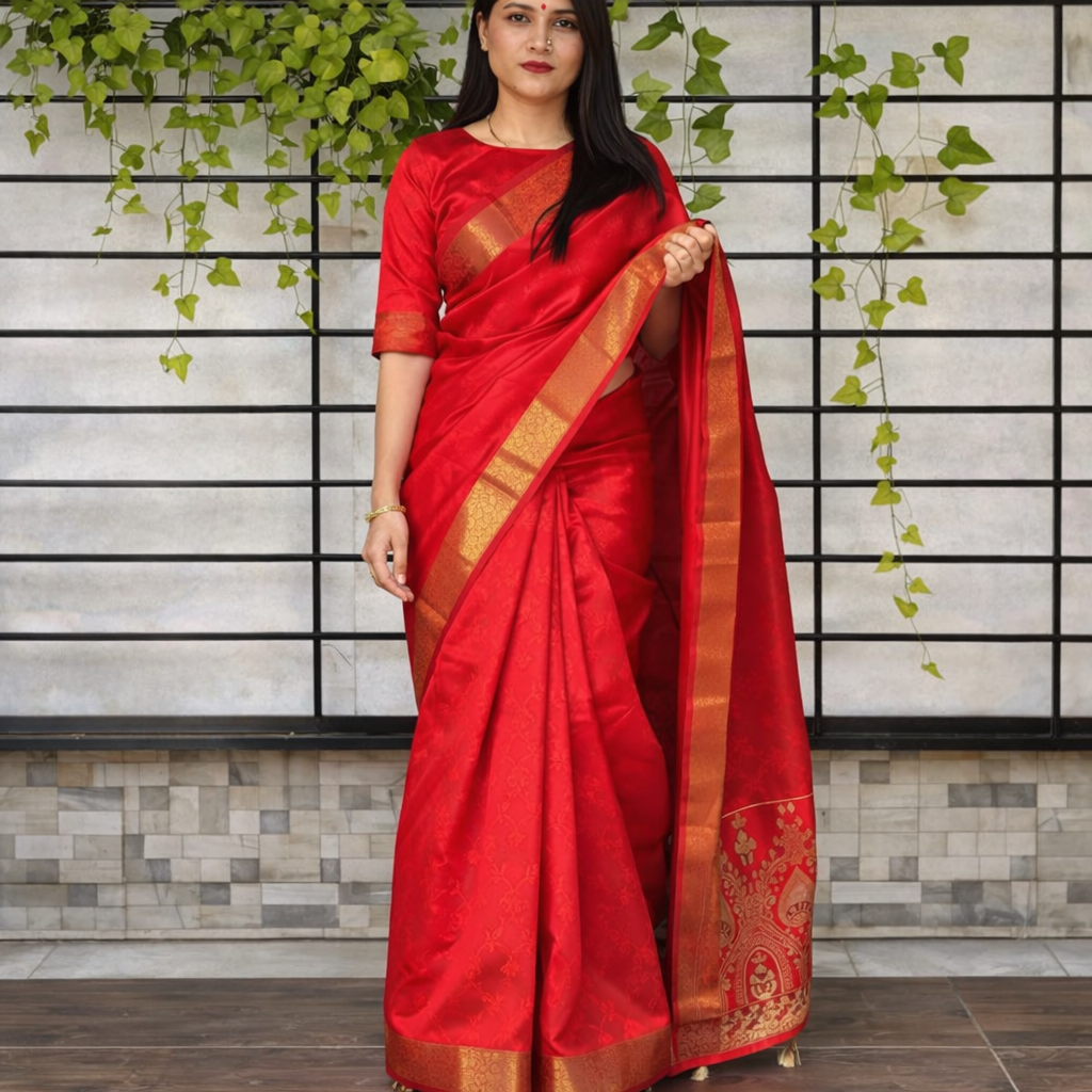 Maheshwari Silk Saree with Copper Golden Jacquard Border & Rich Pallu