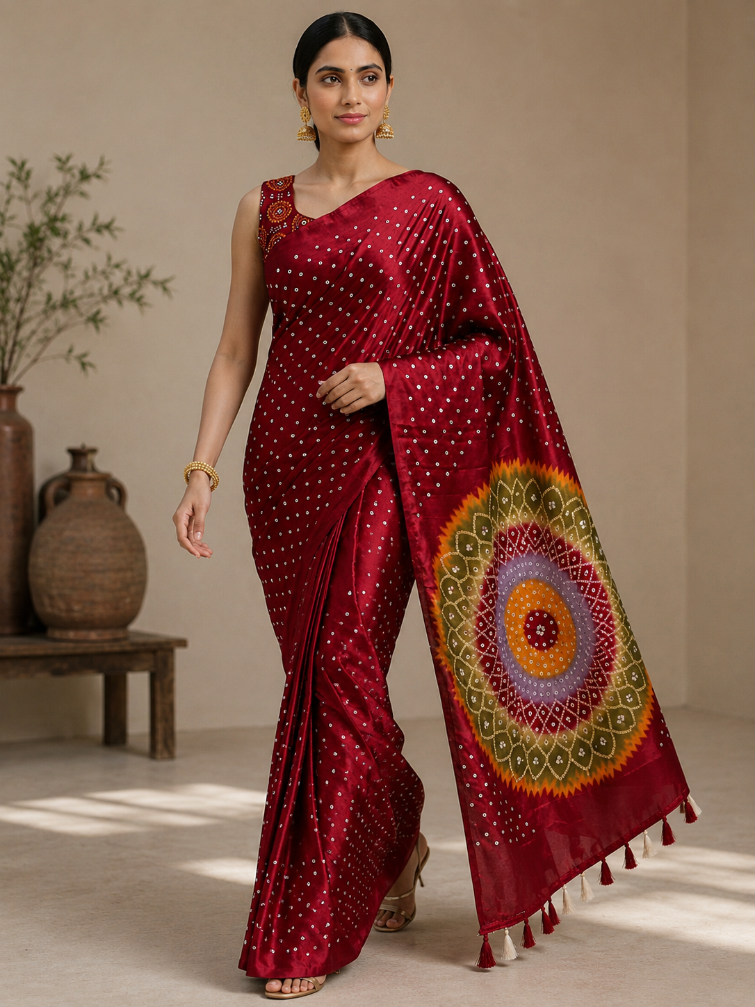 Premium Japan Satin Mirror Work Saree with Tassel Pallu