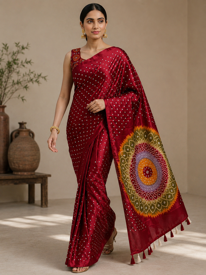 Premium Japan Satin Mirror Work Saree with Tassel Pallu