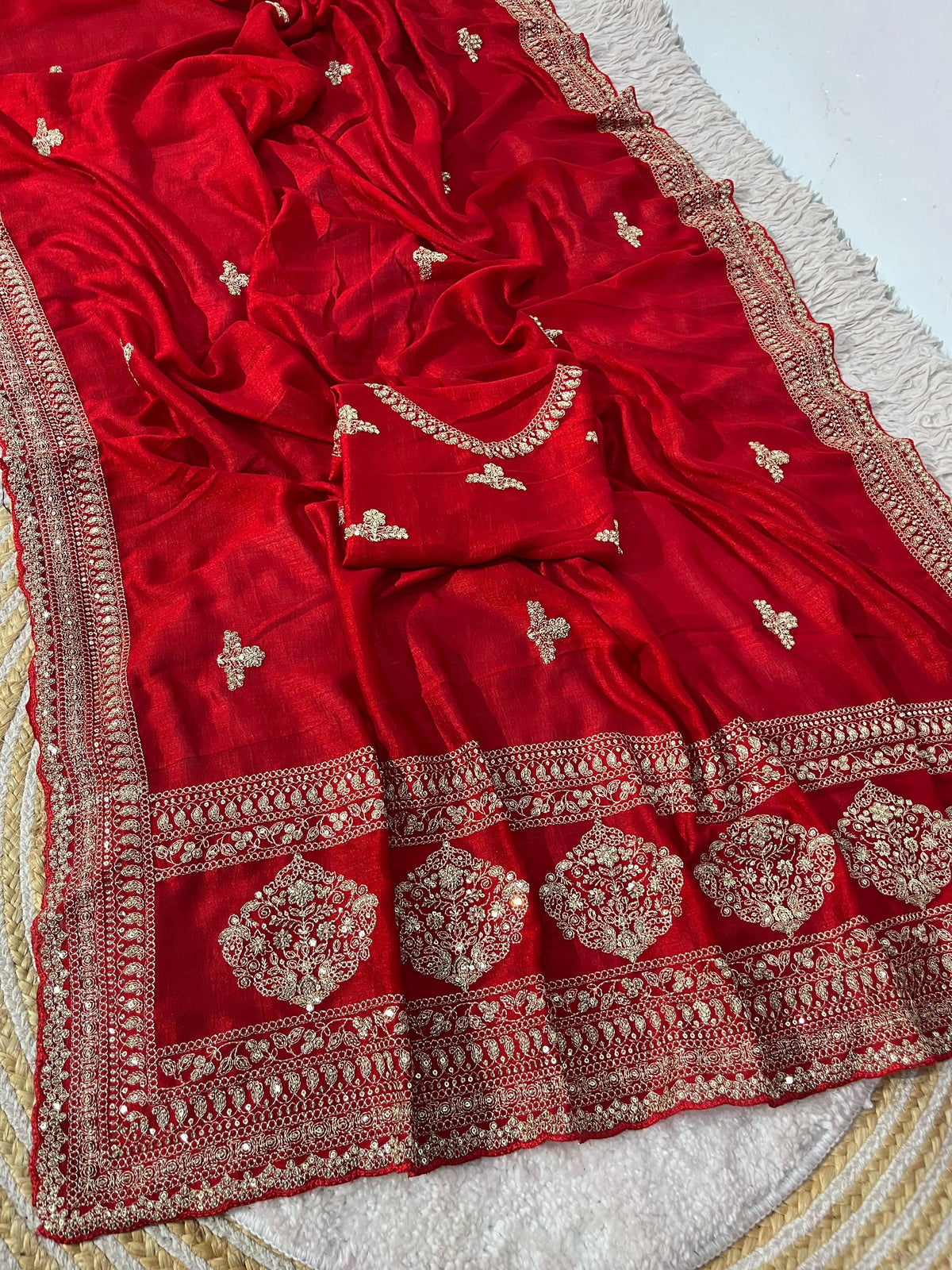 Premium Vichitra Silk Saree with Heavy Zari Sequins Work, Butti & Cutwork Border