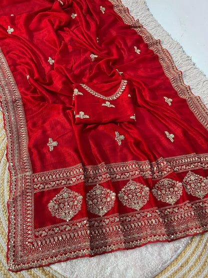 Premium Vichitra Silk Saree with Heavy Zari Sequins Work, Butti & Cutwork Border
