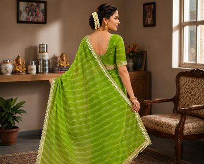 Georgette Leheriya Saree with Mirror Lace Border & Unstitched Blouse | Designer Party Wear Saree