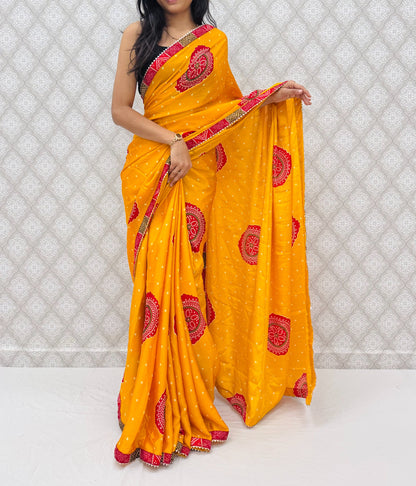 Chinon Bandhani Style Printed Saree with Designer Contrast Border (6.30 Mtr)