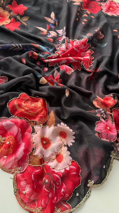 Guldasta Pure Georgette Silk Saree with Digital Floral Print & Cutdana Work
