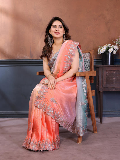 Gold Crush Silk Embroidery Work Saree with Gota Patti Blouse | Multi Tone Party Wear Saree