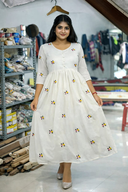 Women’s Multi Embroidery Butti Fox Georgette Silk Frock Dress (M to XXL)