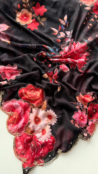 Guldasta Pure Georgette Silk Saree with Digital Floral Print & Cutdana Work