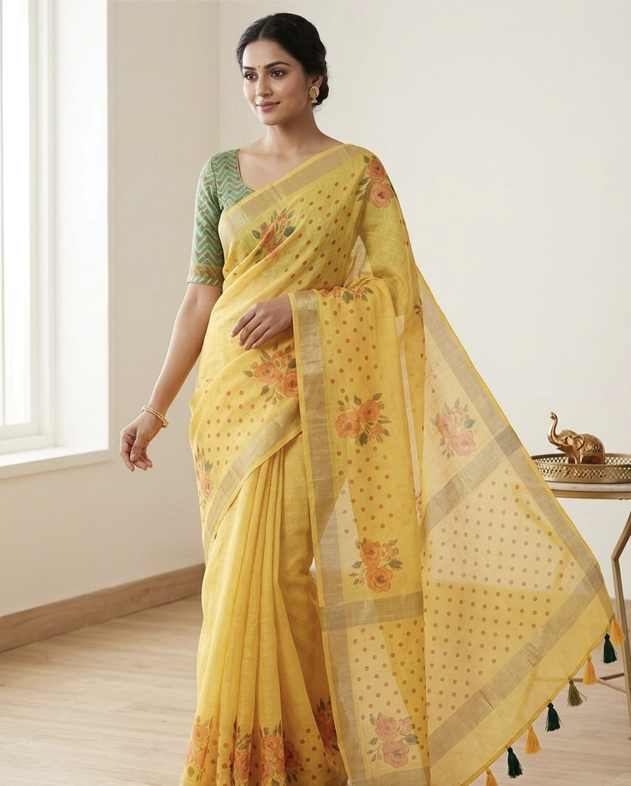 Pure Linen Chanderi Saree with Kalamkari Print & Zari Border