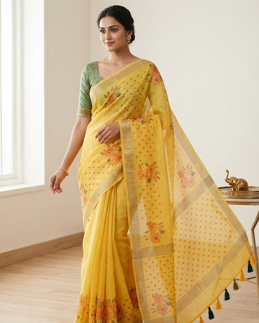 Pure Linen Chanderi Saree with Kalamkari Print & Zari Border