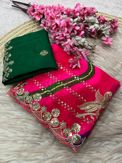 Premium Pink Organza Silk Saree with Heavy Embroidery & Mirror Work | Designer Party Wear Saree
