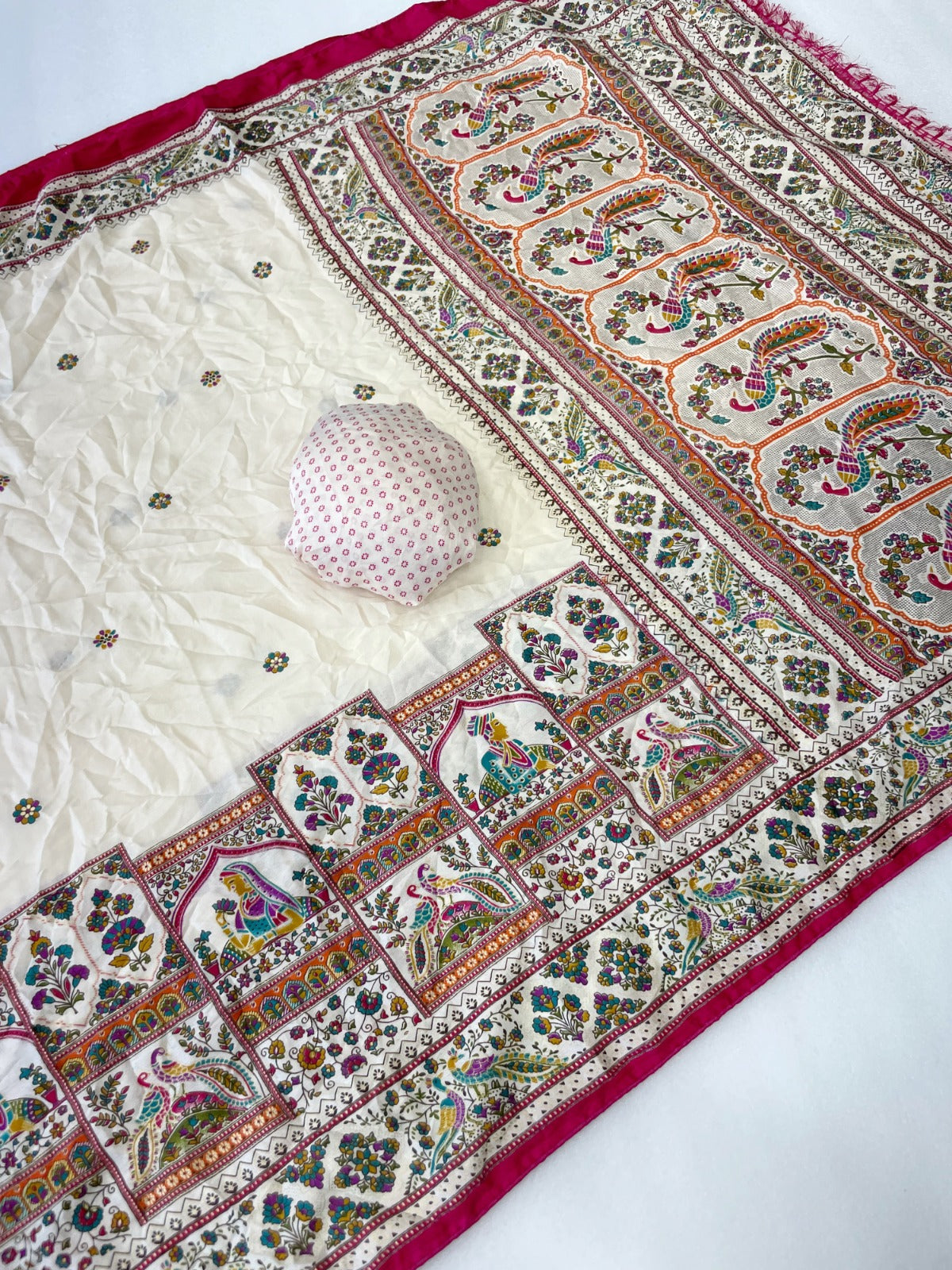 Premium Pure Moss Chiffon Saree with Peacock Floral Print & Mirror Work