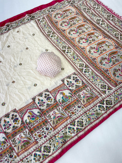 Premium Pure Moss Chiffon Saree with Peacock Floral Print & Mirror Work