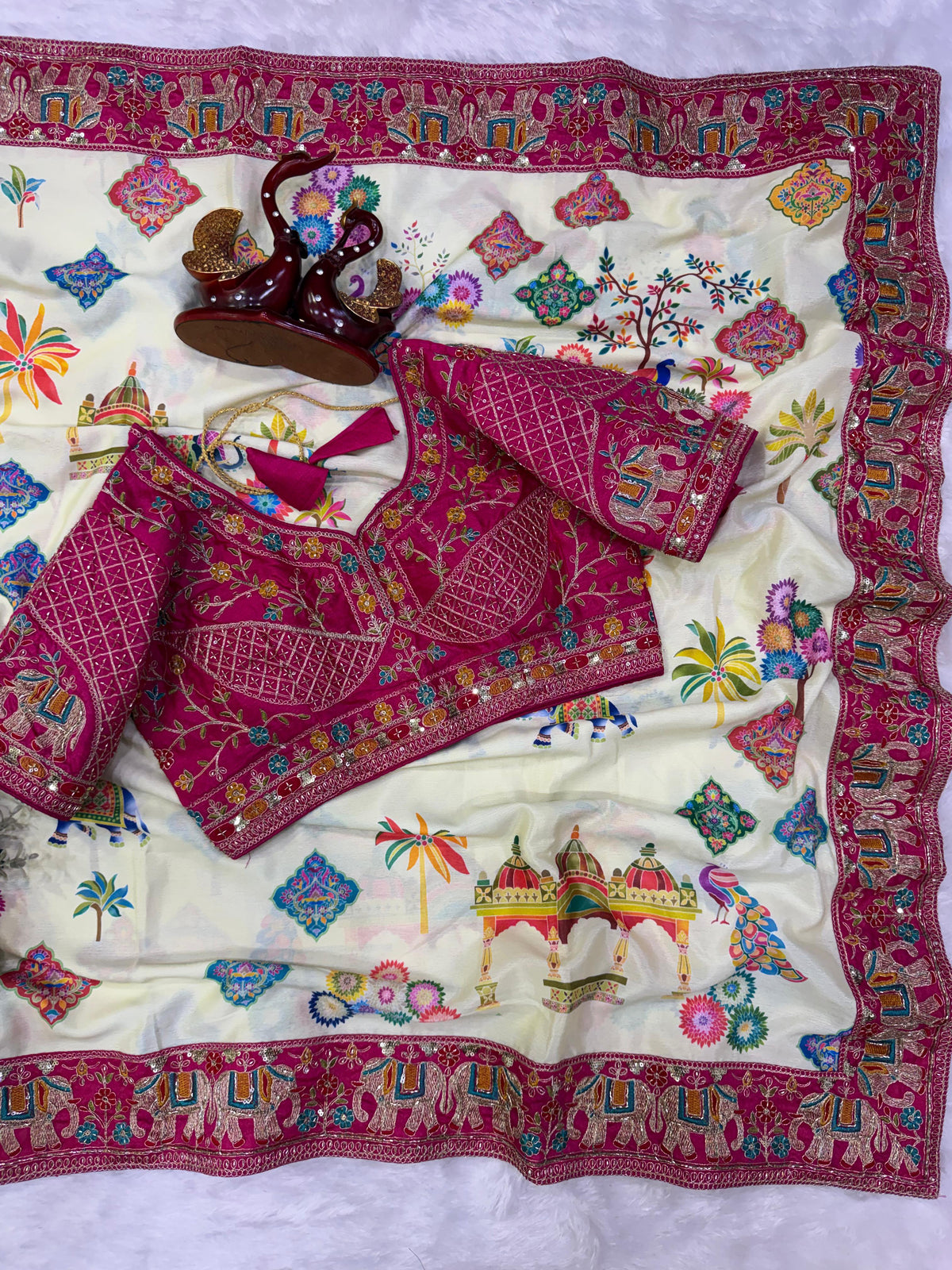 Printed Chinnon Silk Saree with Sequins Embroidery & Banglori Blouse