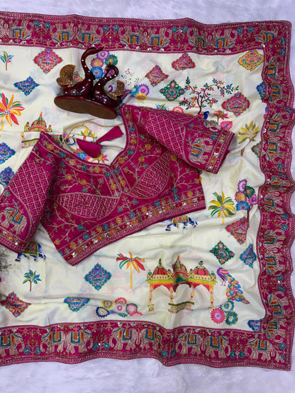 Printed Chinnon Silk Saree with Sequins Embroidery & Banglori Blouse