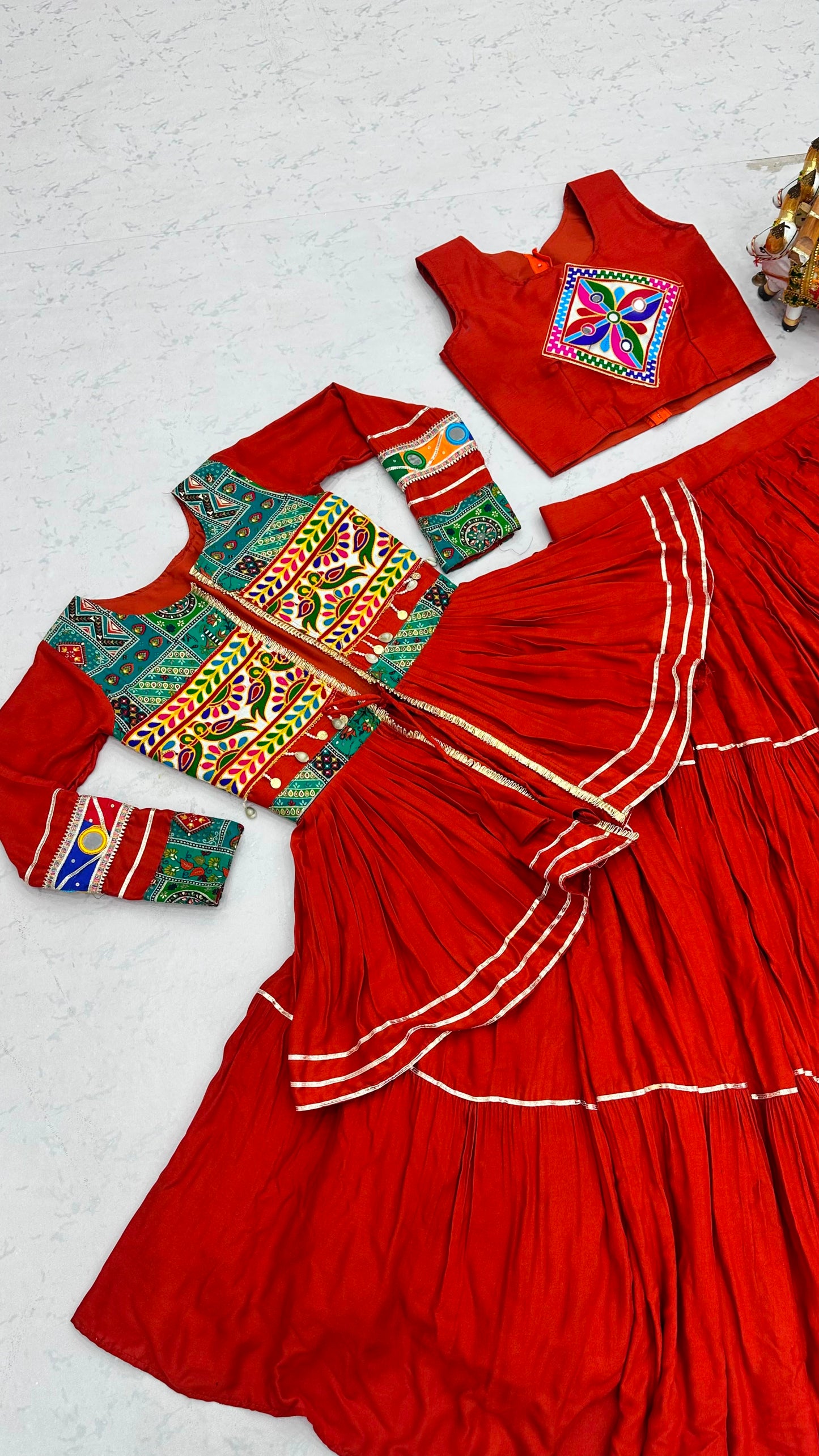 Navratri Gamthi Work Cotton Lehenga Choli with Koti | 9 Meter Flair Mirror Work | Women's Garba Dress