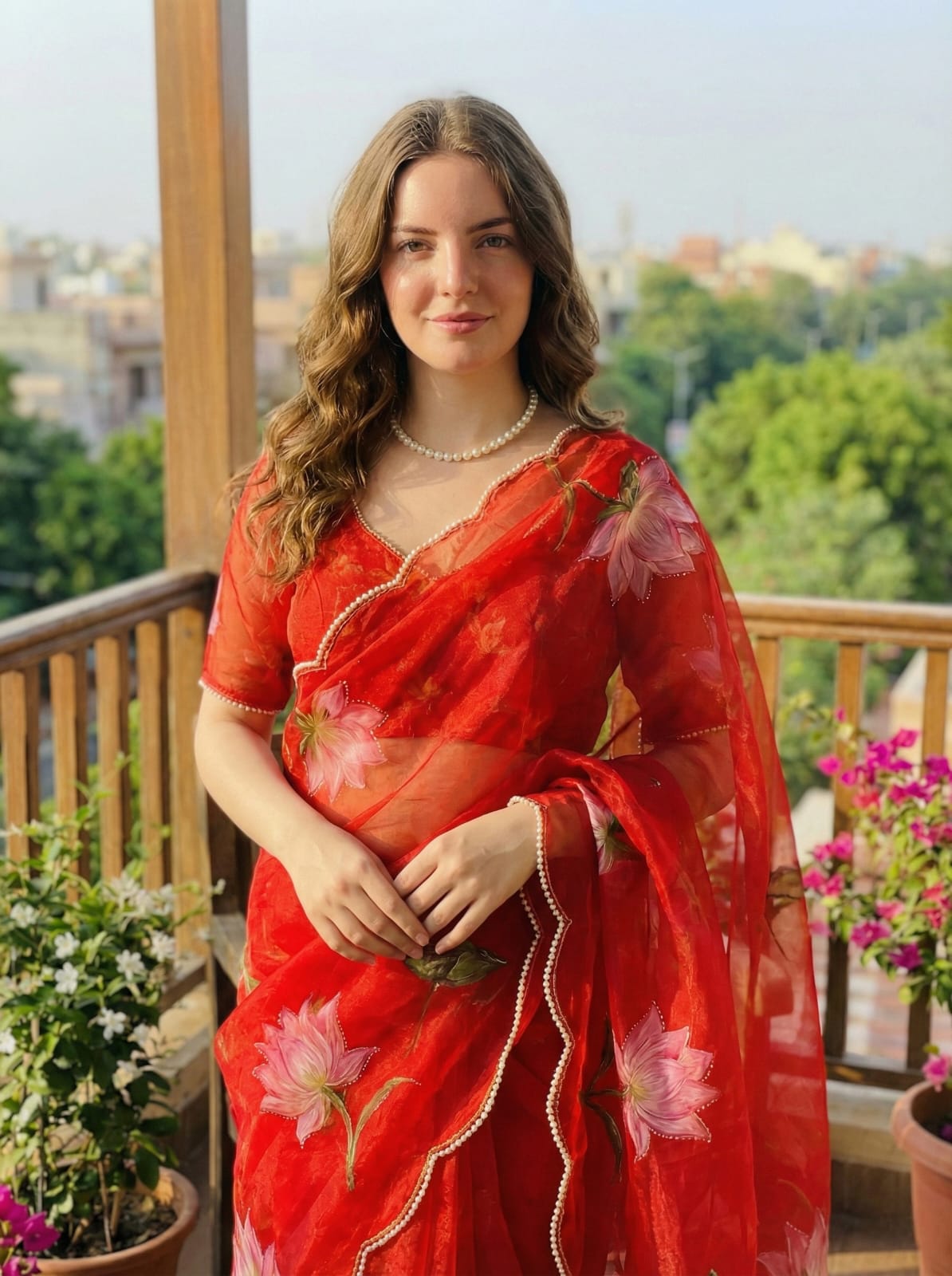 Pure Soft Teby Silk Saree with Digital Floral Print & Moti Cutdana Work Border