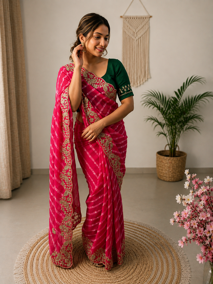 Rani Georgette Lehriya Silk Saree with Traditional Pitta & 5mm Sequin Work