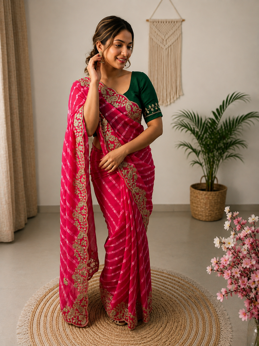 Rani Georgette Lehriya Silk Saree with Traditional Pitta & 5mm Sequin Work