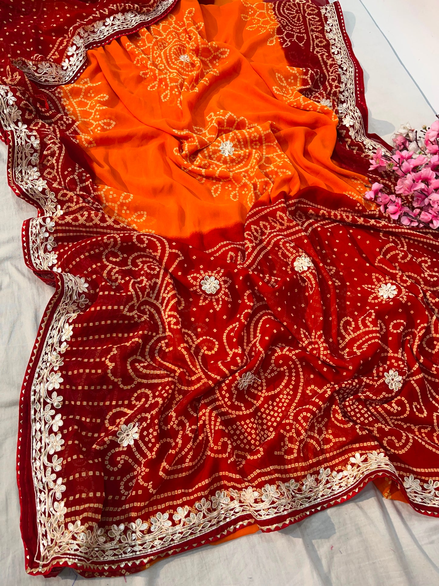 Premium Bandhani Peliya Saree with Heavy Multi Coding C-Pallu Work | Designer Party Wear Saree