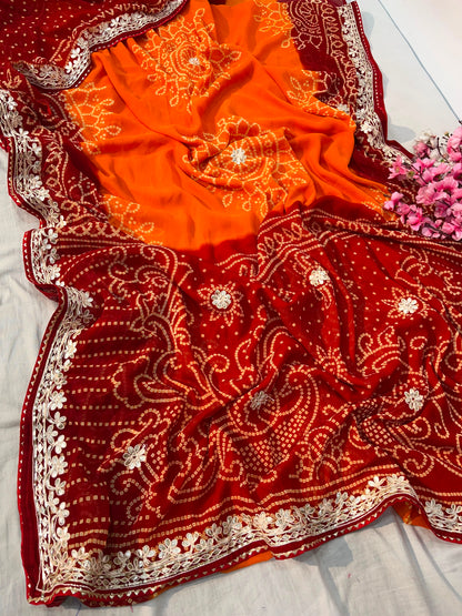 Premium Bandhani Peliya Saree with Heavy Multi Coding C-Pallu Work | Designer Party Wear Saree