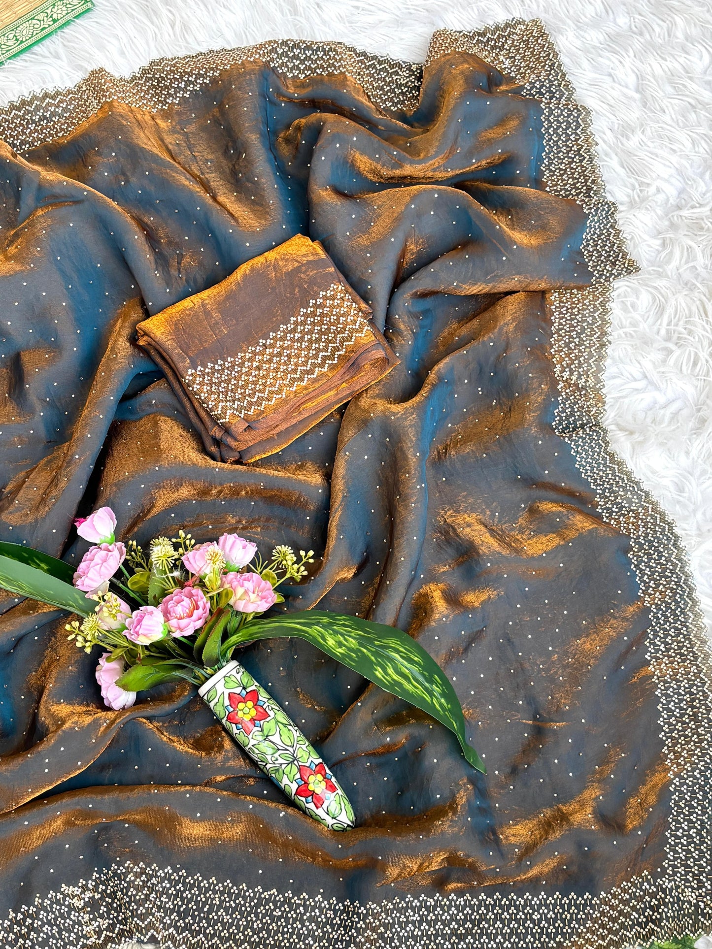 Rihana Two Tone Fendy Satin Saree with Jharkhand Work Border