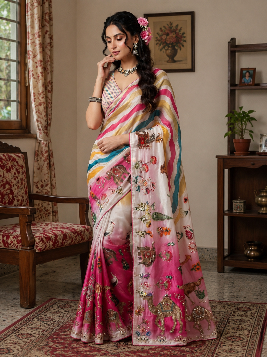 Beautiful Rajasthani Royal Look Soft Chinon Digital Saree with Mirror Work