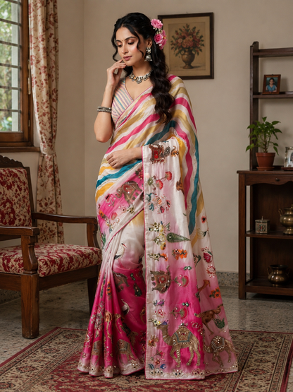 Beautiful Rajasthani Royal Look Soft Chinon Digital Saree with Mirror Work
