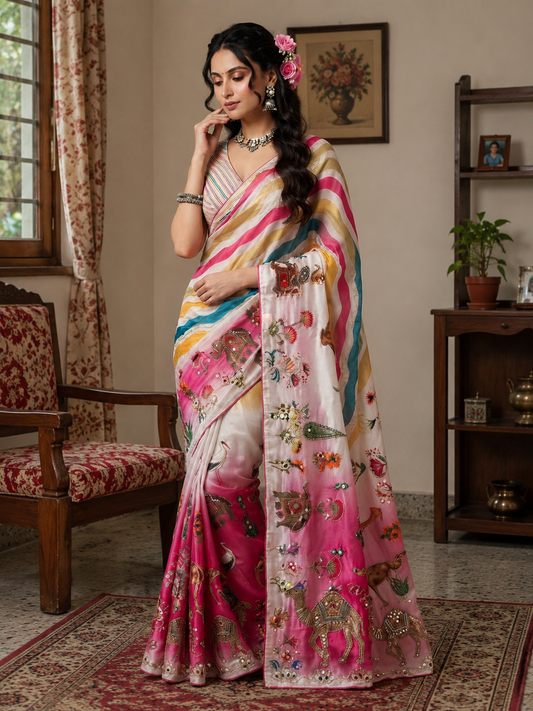 Beautiful Rajasthani Royal Look Soft Chinon Digital Saree with Mirror Work