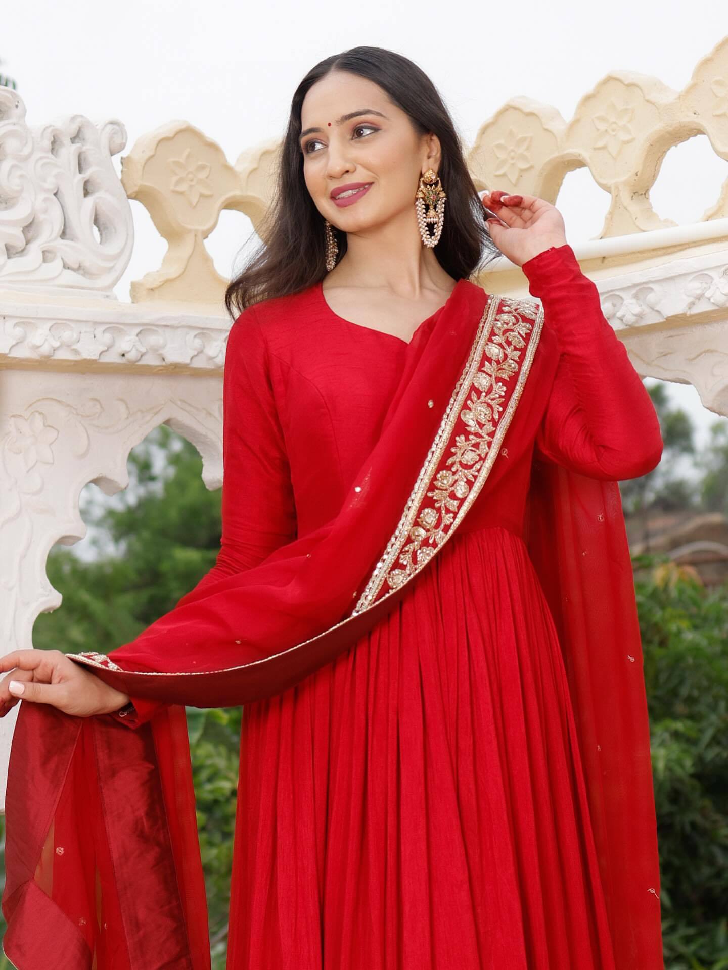 Red Fox Georgette Embroidered Anarkali Gown with Dupatta (Fully Stitched)