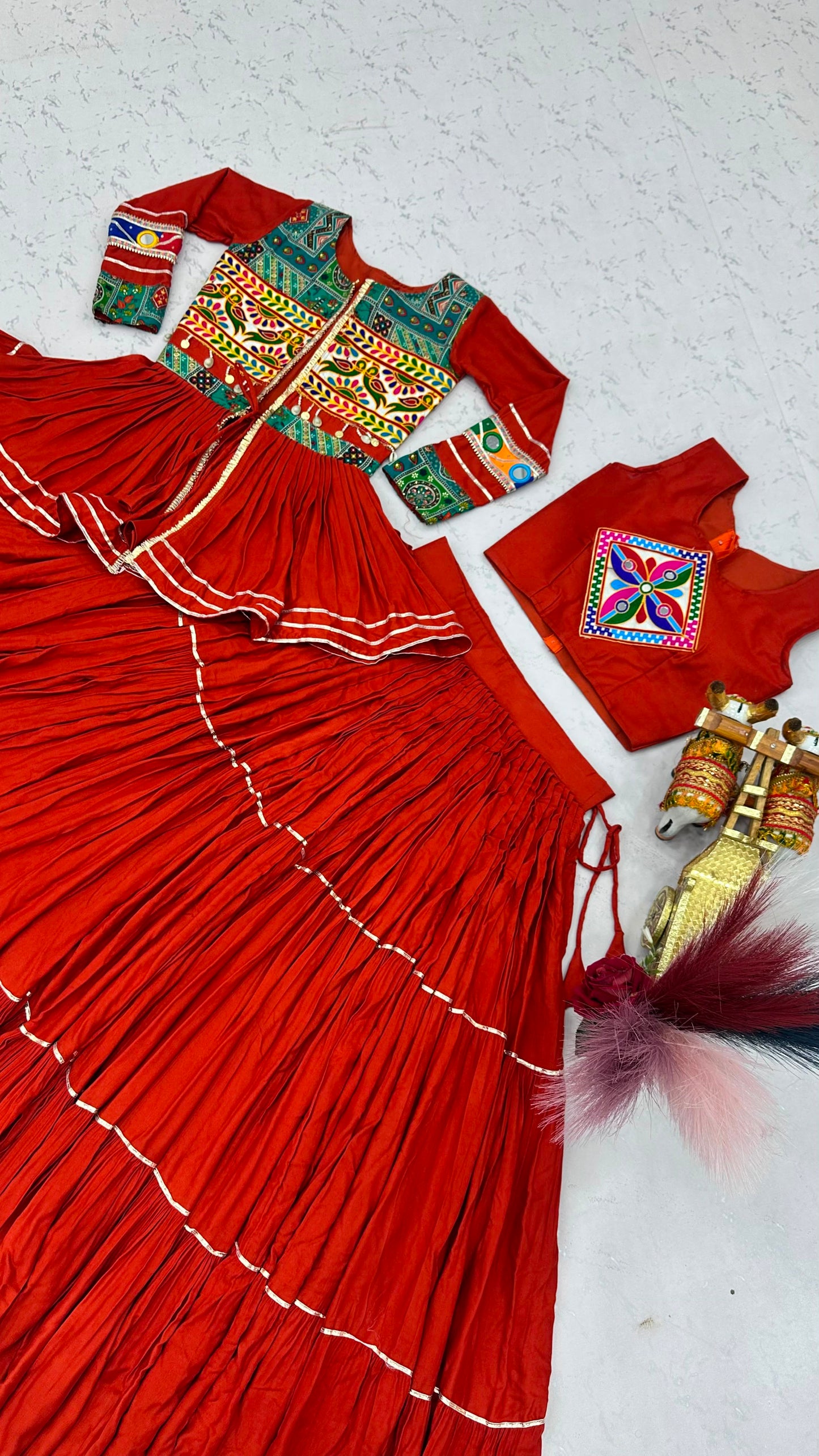 Navratri Gamthi Work Cotton Lehenga Choli with Koti | 9 Meter Flair Mirror Work | Women's Garba Dress