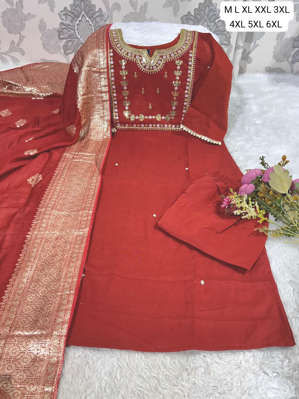 Premium Roman Silk Embroidered Kurti Pant Dupatta Set (M–6XL)