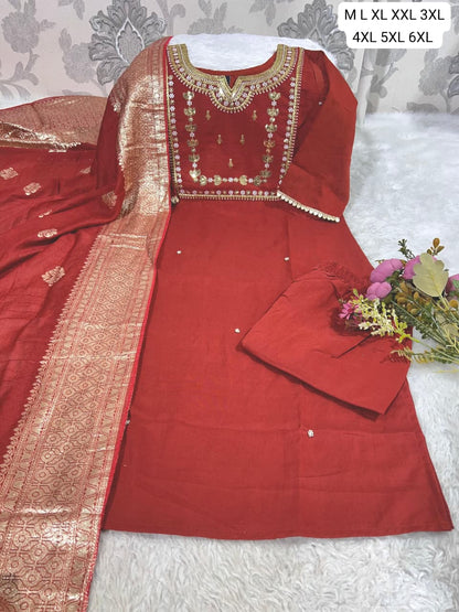 Premium Roman Silk Embroidered Kurti Pant Dupatta Set (M–6XL)