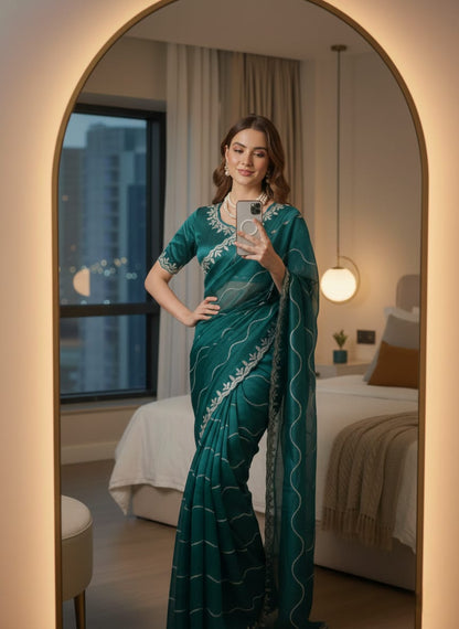 Zoya Soft Satin Silk Saree with 3MM Sequins Embroidery Border & Stitched Blouse