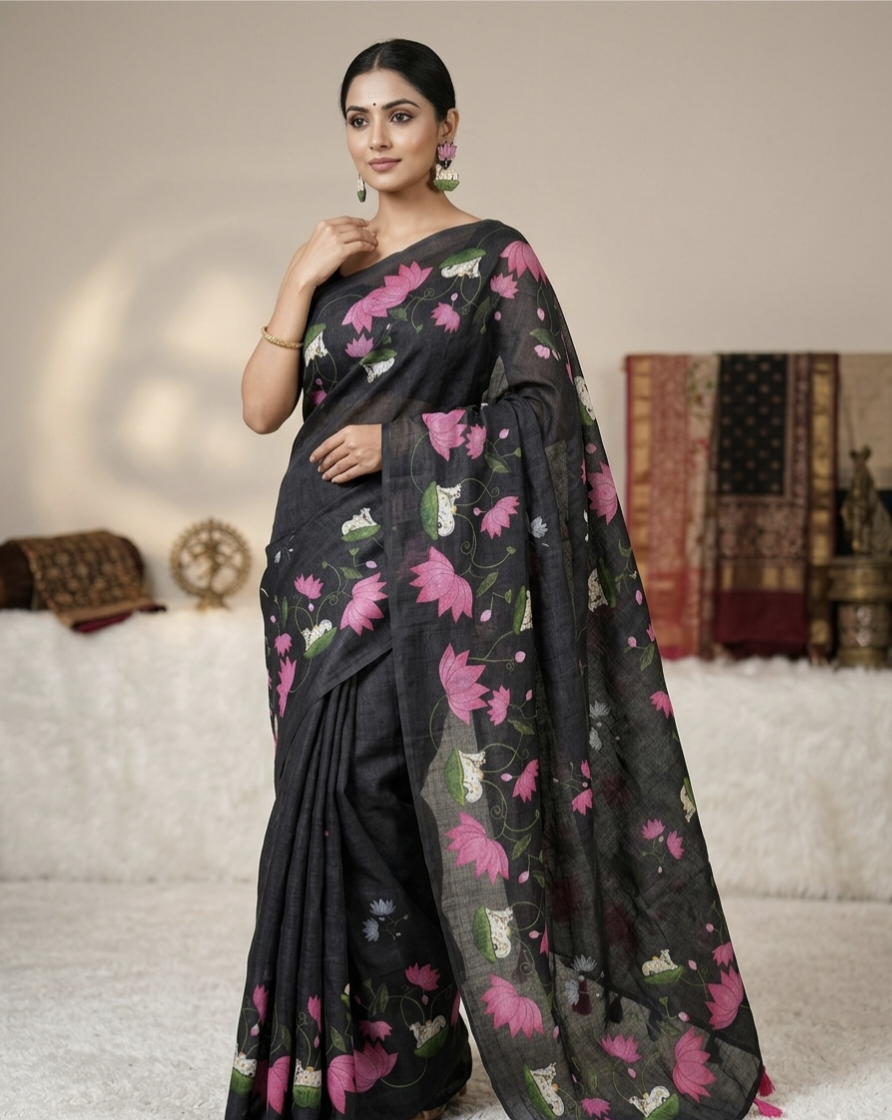 Premium Linen Cotton Floral Print Saree With Tassels & Blouse Piece | Soft Lightweight Daily Wear Saree