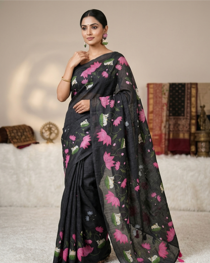 Premium Linen Cotton Floral Print Saree With Tassels & Blouse Piece | Soft Lightweight Daily Wear Saree