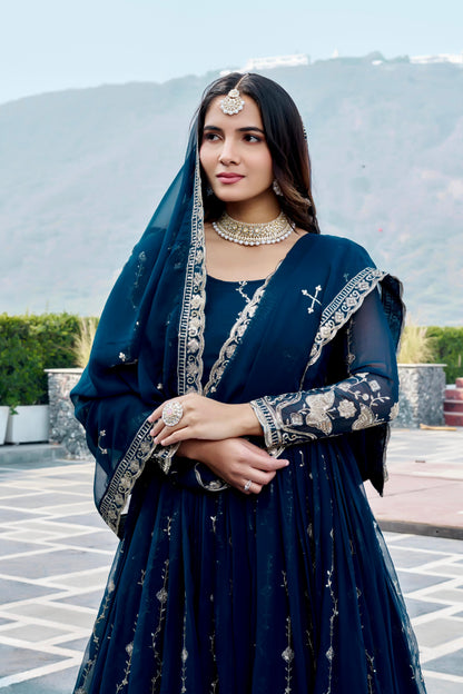 Festival Wear Fox Georgette Embroidered Long Gown with Dupatta
