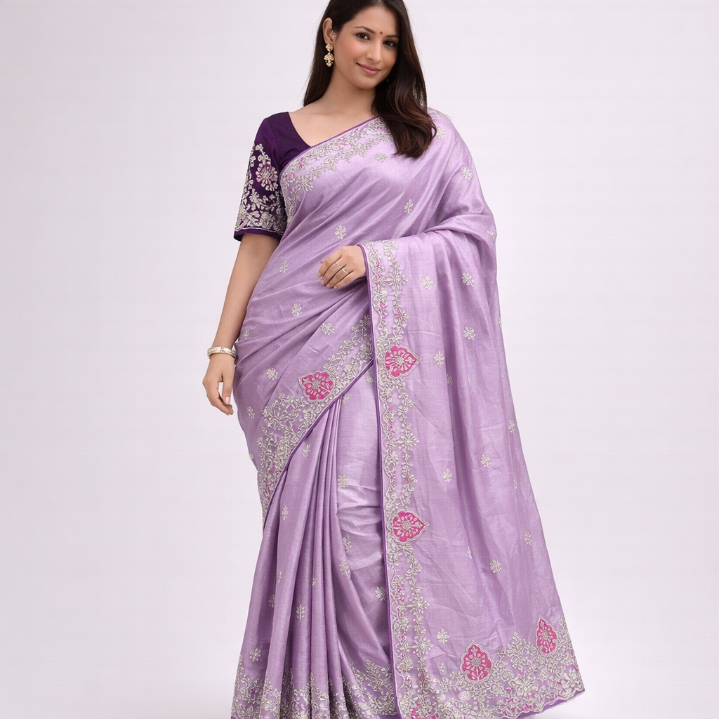 Blooming Chocolate Silk Embroidery Designer Saree With Unstitched Blouse