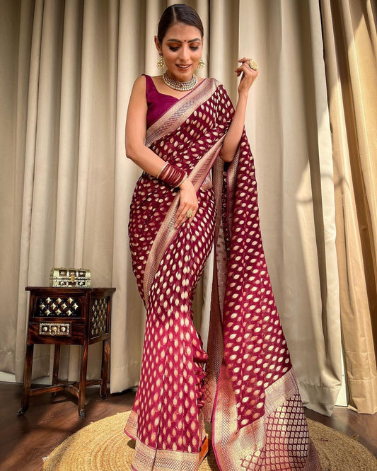 Maroon Gold Buti Saree